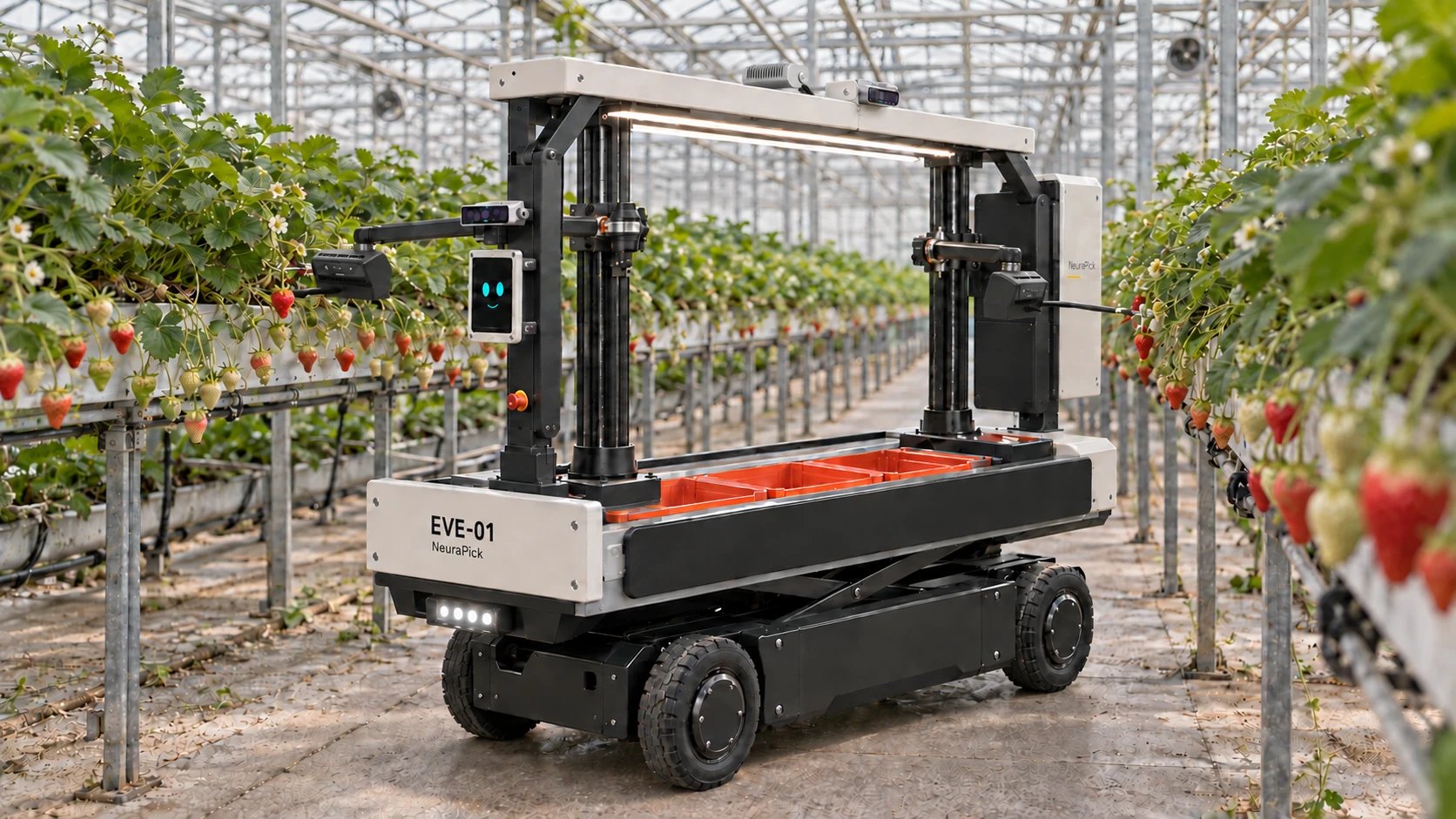 EVE-01 in a greenhouse aisle between two hanging gutters of strawberries, both arms extended toward the fruit