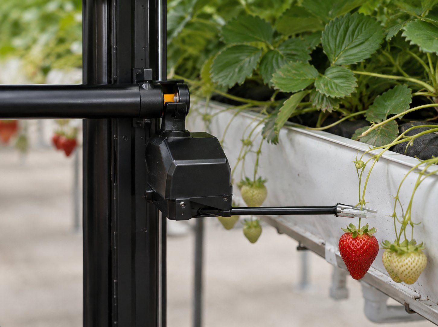 An arm module on its vertical rail reaching a ripe berry hanging from the gutter