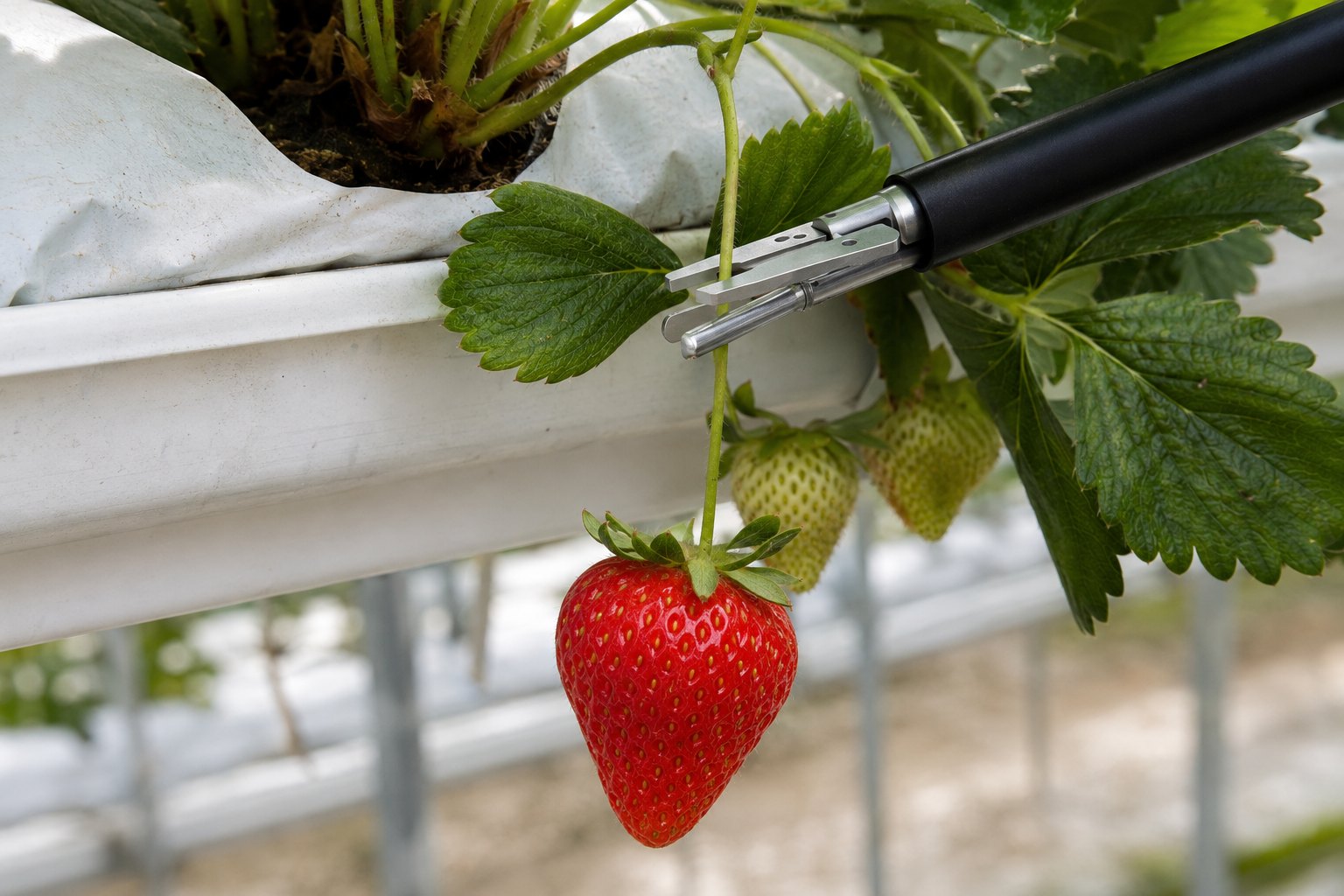 The cable-driven jaw closing on a strawberry stem just above the calyx