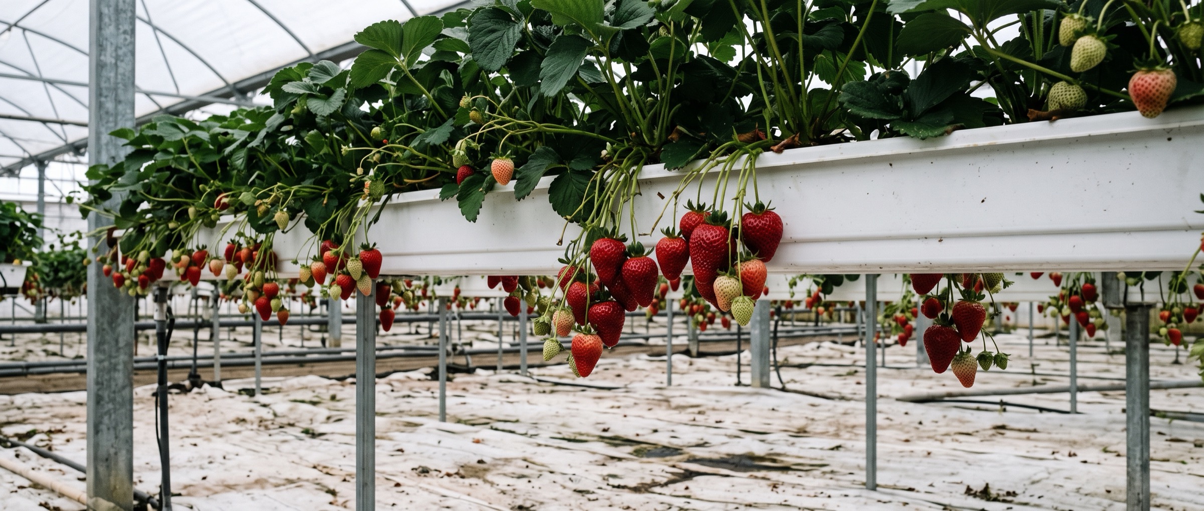 A hanging gutter of strawberry plants in a poly greenhouse, ripe berries trailing below the white trough