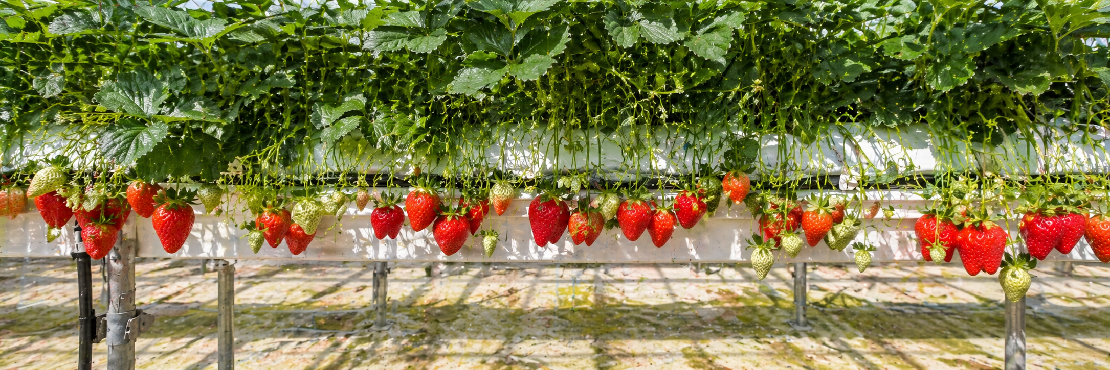 Strawberry rows in greenhouse